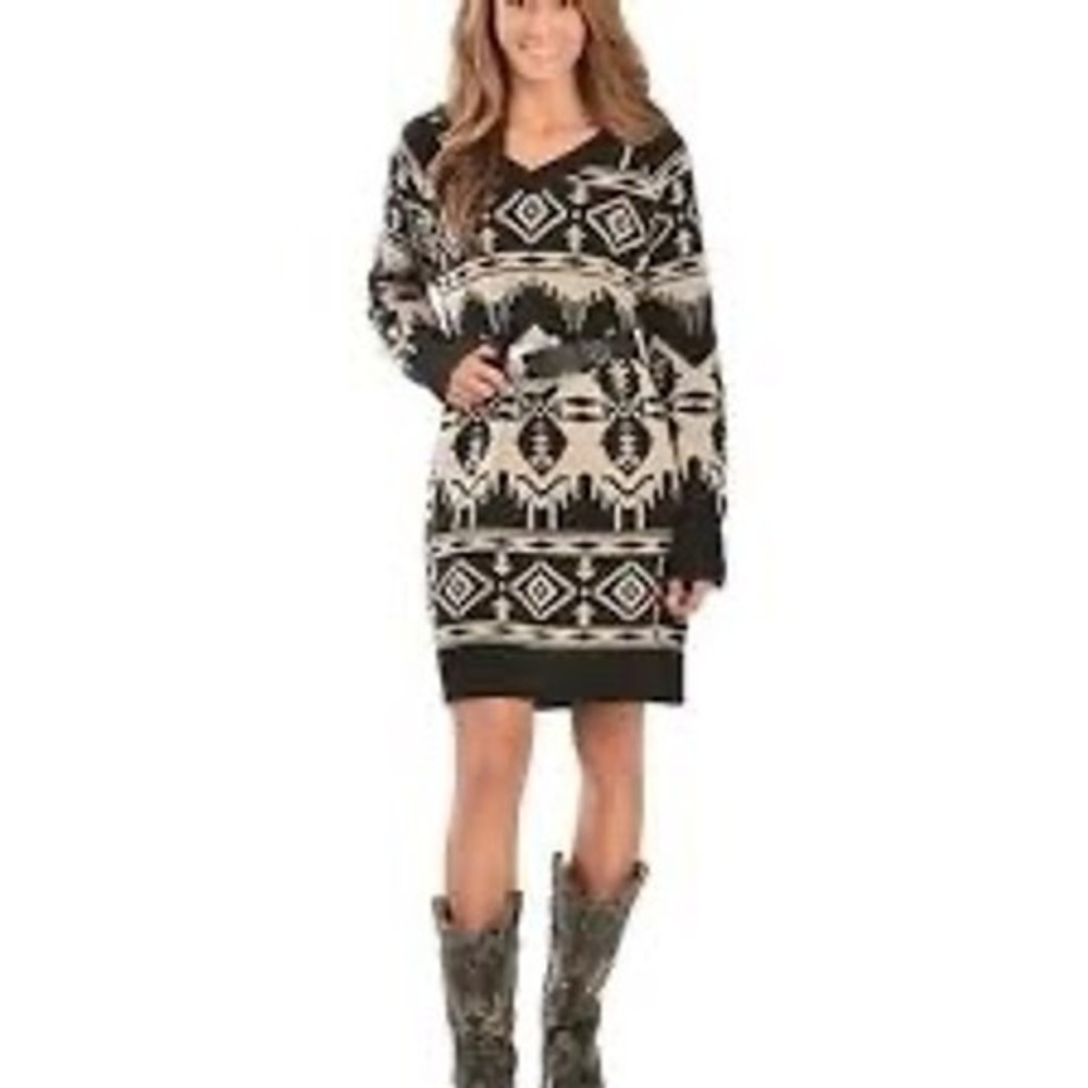 Woolrich Womens Southwestern Geometric V-Neck Sweater Dress Black Cream XS 5113